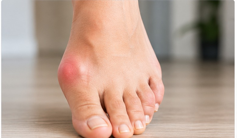 A foot with a prominent, reddened bunion at the base of the big toe, illustrating hallux valgus.