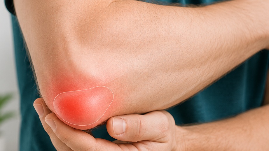 Person supporting the back of a swollen elbow with the olecranon bursa highlighted in red.