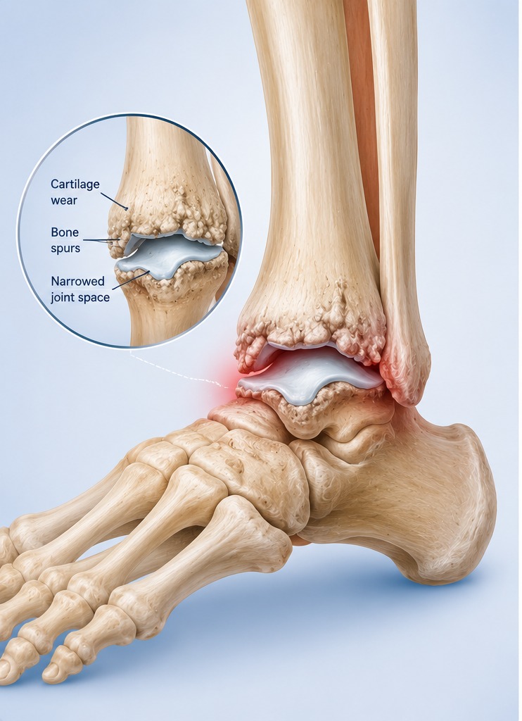 Anatomical illustration of an arthritic ankle showing cartilage wear, bone spurs and a narrowed joint space between the tibia and talus.