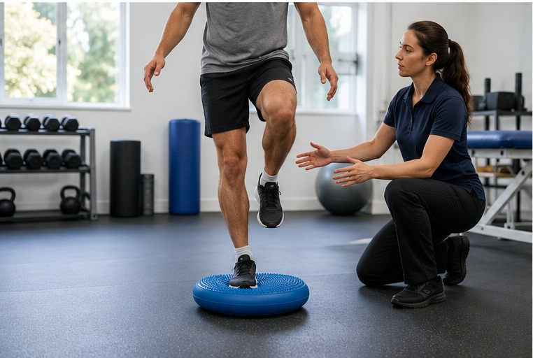 A man performing a single-leg balance exercise on a blue wobble cushion while a physiotherapist supervises.