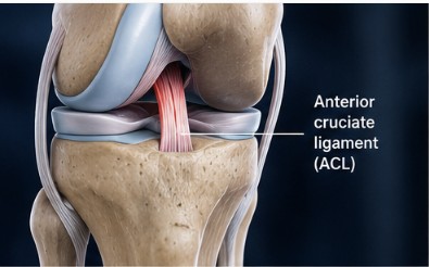 Anatomical illustration of the knee with the anterior cruciate ligament labelled inside the joint.