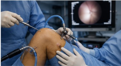 Surgeons performing arthroscopic keyhole ACL reconstruction with an arthroscopy monitor in the background.