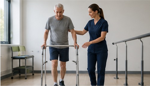 An older man walking with a frame between parallel bars while a physiotherapist supports him.