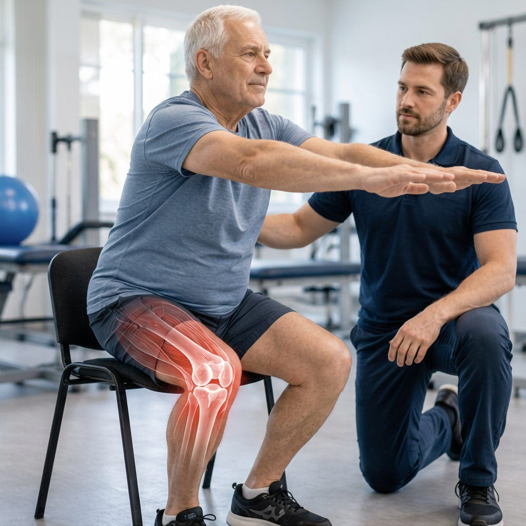 A physiotherapist guiding an older man through a seated knee strengthening exercise, with the knee joint highlighted.
