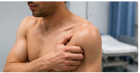 A young man supporting his injured shoulder in a hospital cubicle, with the shoulder contour looking squared and deformed.