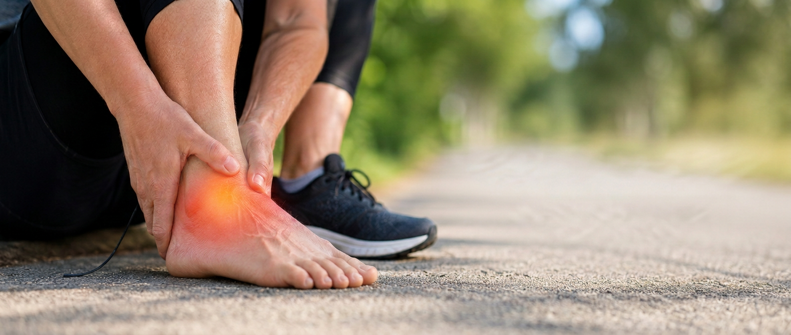 A person sitting on a path holding their ankle, with the outside of the ankle highlighted in red to show pain from a sprain.