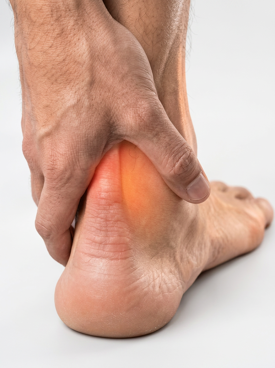 A person pressing the back of their heel where the Achilles tendon is tender and inflamed.