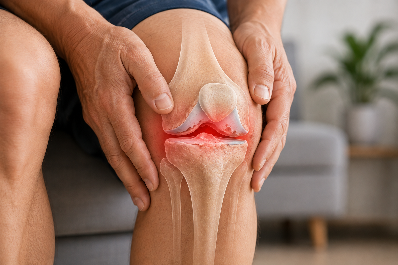Side-by-side 3D illustration of a healthy knee with smooth cartilage and an arthritic knee with worn cartilage, bone spurs and inflammation.