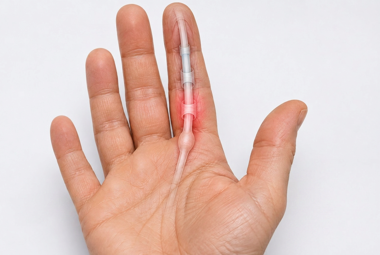 Palm with an anatomical overlay showing the flexor tendon catching at a tightened A1 pulley.