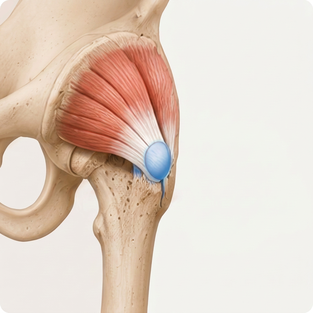 Anatomy of the greater trochanter, gluteus medius and gluteus minimus tendons and the trochanteric bursa.