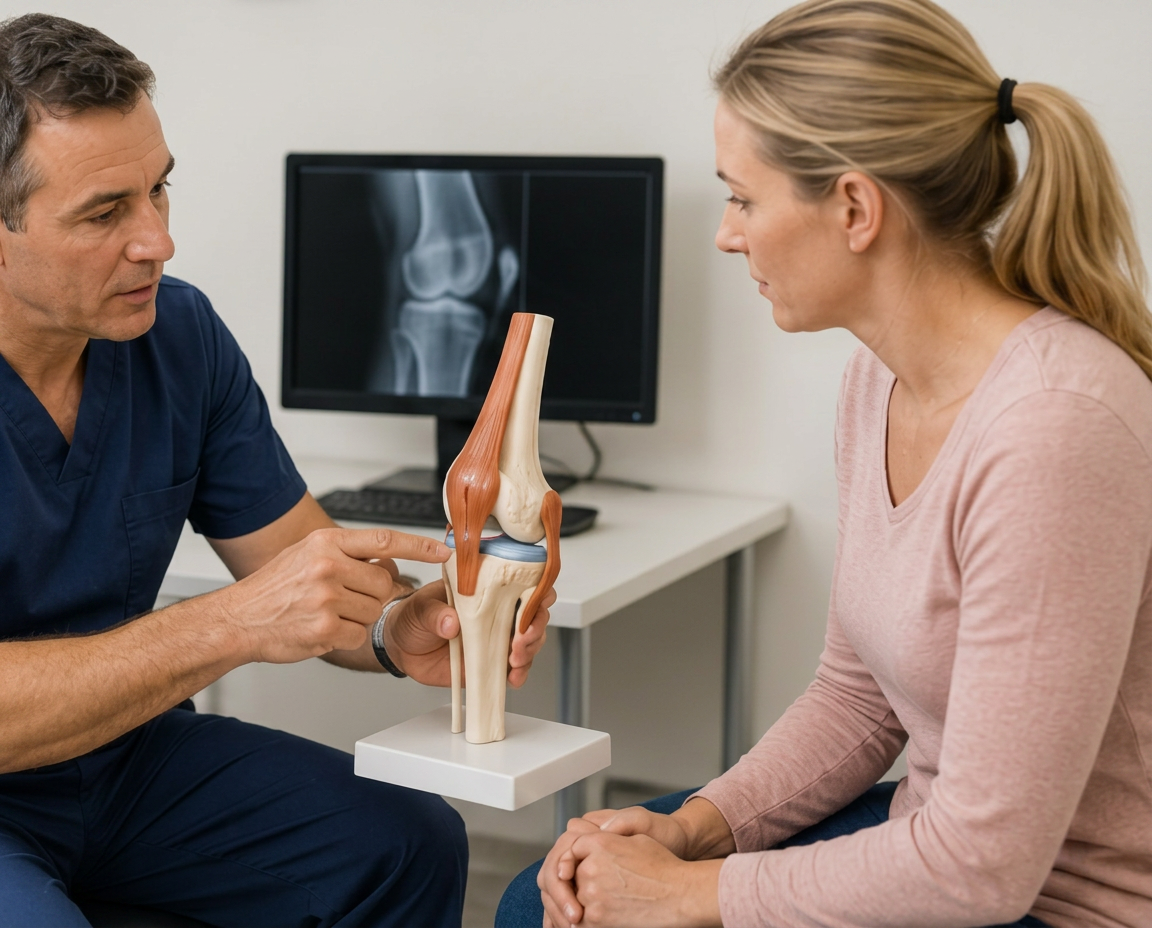 A clinician using a knee model to explain patellofemoral anatomy to a patient during a consultation.