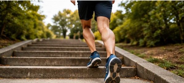 A runner climbing outdoor steps during the later stages of knee rehabilitation.
