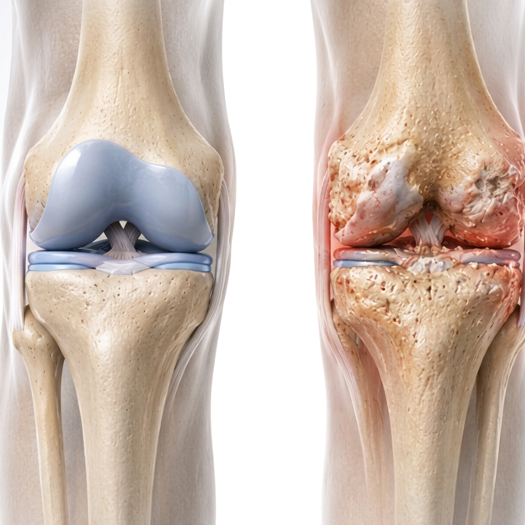 Anatomical comparison of a healthy knee with intact cartilage next to an arthritic knee with cartilage loss and bone spurs.