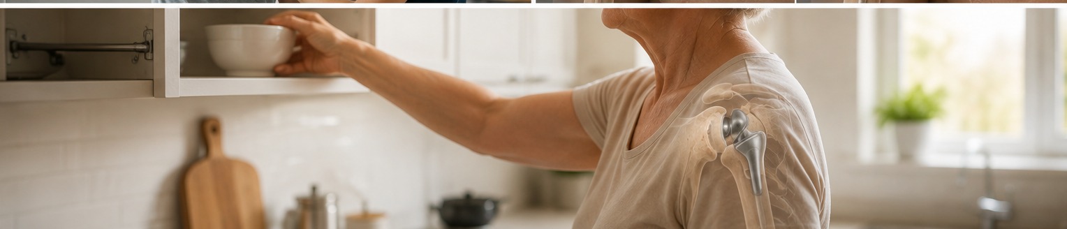 An older woman comfortably reaching into a kitchen cupboard with an anatomical overlay showing a shoulder replacement.