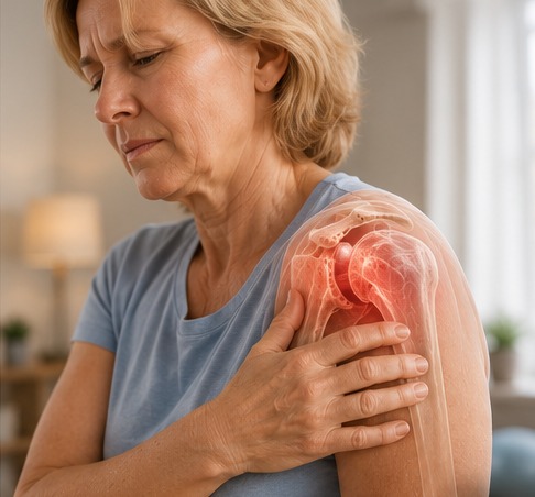 A woman holding her painful shoulder with the joint highlighted in red, illustrating the painful phase of frozen shoulder.
