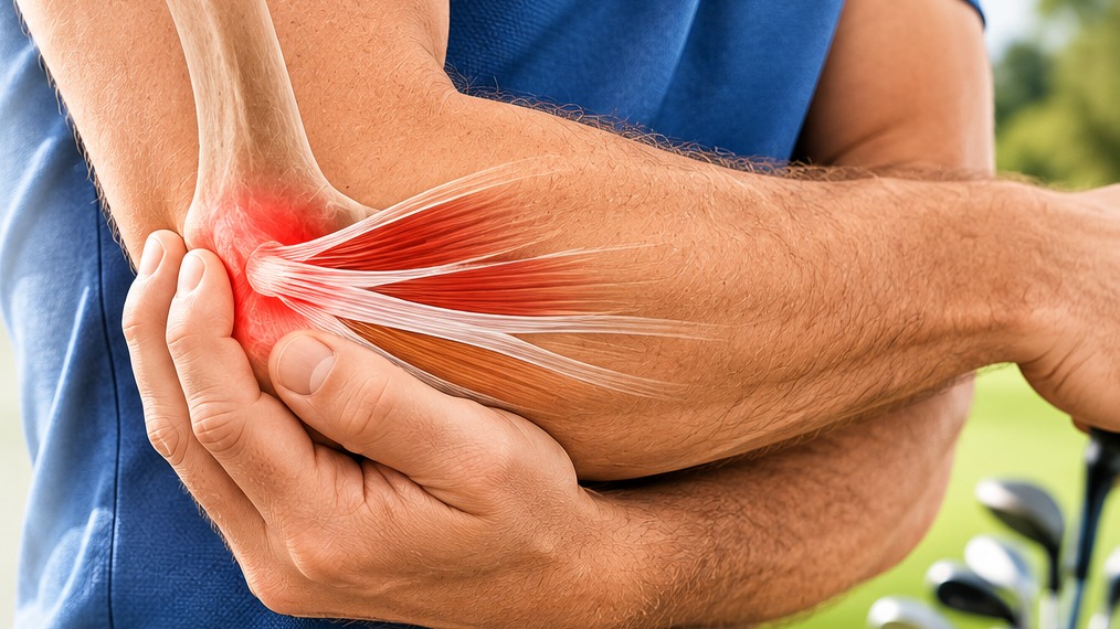 Person holding the inside of the elbow with the common flexor tendon highlighted in red.