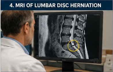 Clinician reviewing an MRI scan of the lumbar spine showing a disc herniation.