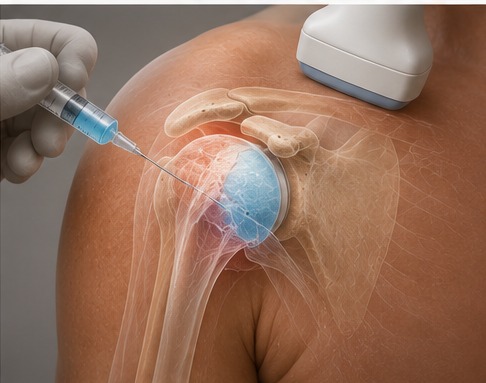 Ultrasound-guided injection into a shoulder joint, illustrating a steroid injection or hydrodilatation for frozen shoulder.