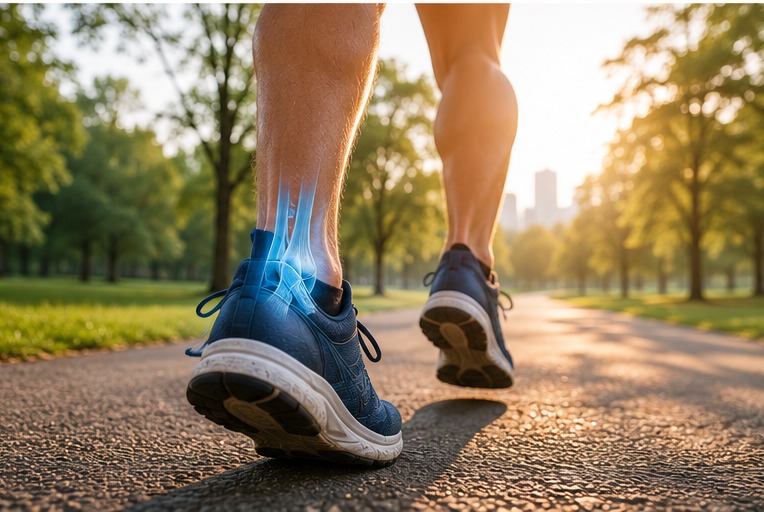 A runner on a park path with the ankle highlighted in blue, showing a supported return to running.