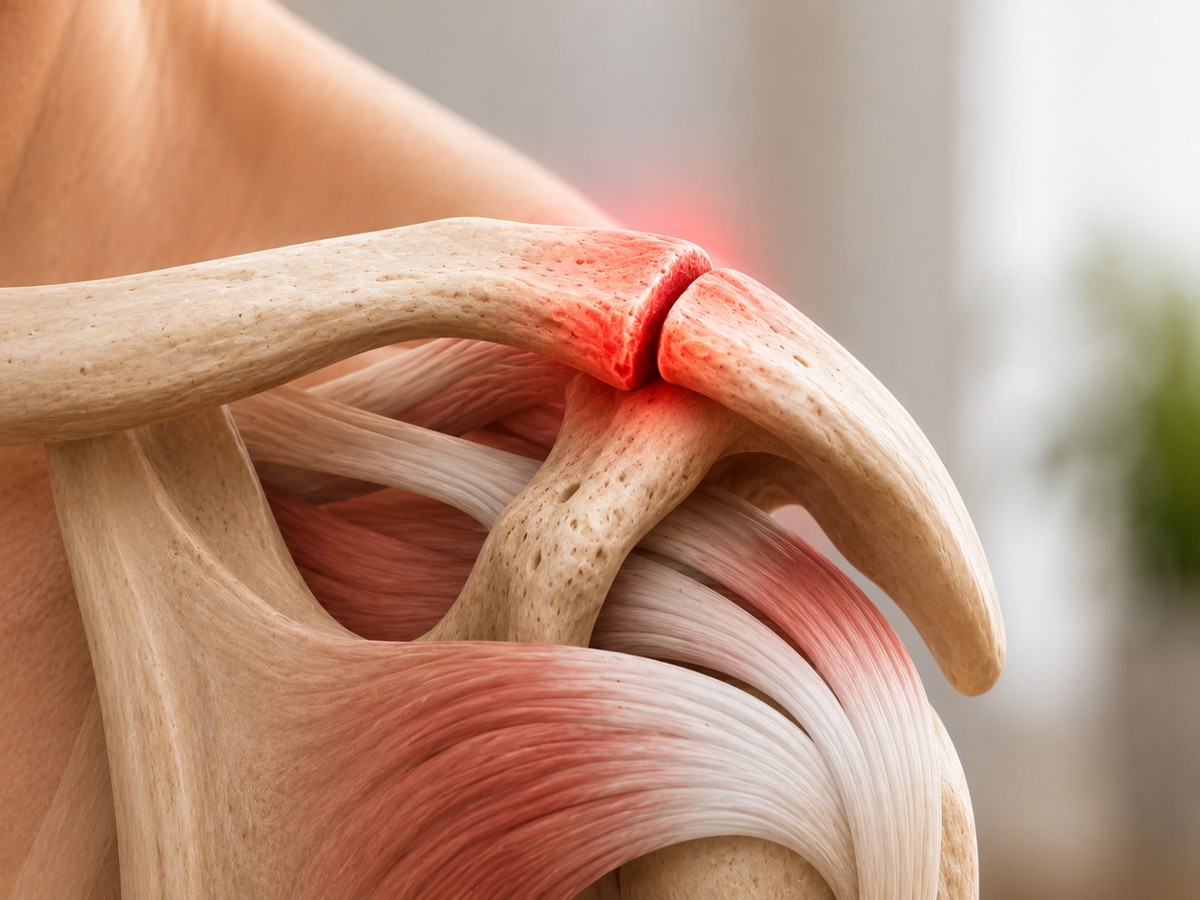 Anatomical illustration of the shoulder showing the subacromial space with the irritated area highlighted in red.