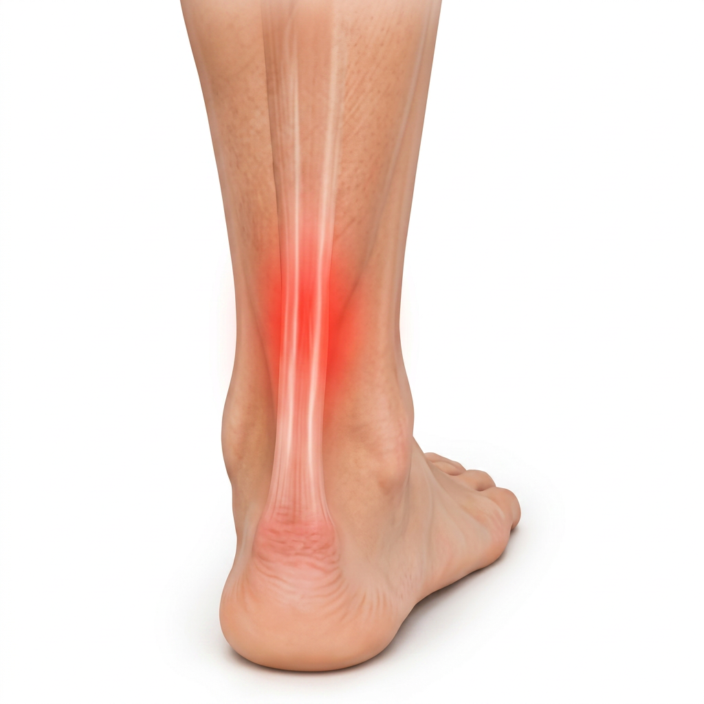 Illustration of the back of the heel with pain highlighted in the mid-portion of the Achilles tendon.