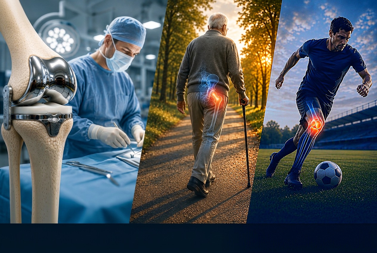 A knee replacement implant with a surgeon operating, an older man walking in a park with a hip X-ray overlay and a footballer running with a knee X-ray overlay