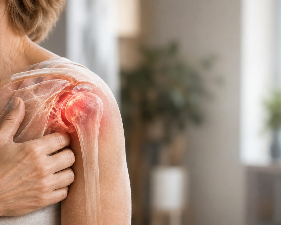 Anatomical overlay of a woman's shoulder with the inflamed joint capsule highlighted in red, illustrating frozen shoulder.