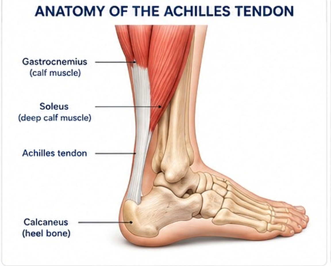 Medical illustration of the calf and heel showing the gastrocnemius, soleus, Achilles tendon and calcaneus.