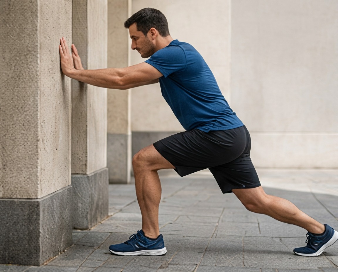 A man leaning against a wall with the back knee slightly bent to stretch the soleus muscle.