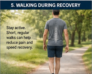 Adult walking outdoors as part of recovery from sciatica.