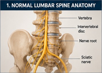Normal lumbar spine showing vertebrae, intervertebral discs, spinal nerves and formation of the sciatic nerve.
