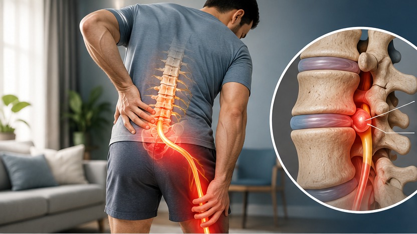 Adult holding the lower back and leg with the sciatic nerve highlighted in bright red from the lumbar spine to the foot.
