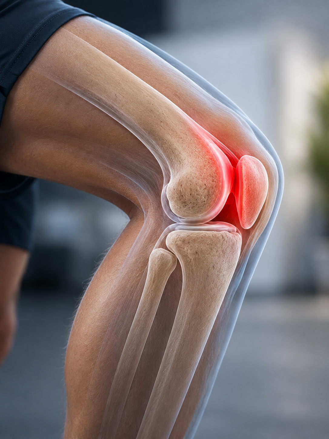 Patellofemoral joint showing the kneecap and surrounding stabilising structures, with a runner holding the front of their knee.