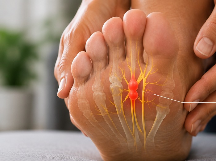 Anatomical overlay of the sole of the foot showing a swollen digital nerve between the third and fourth metatarsal heads.