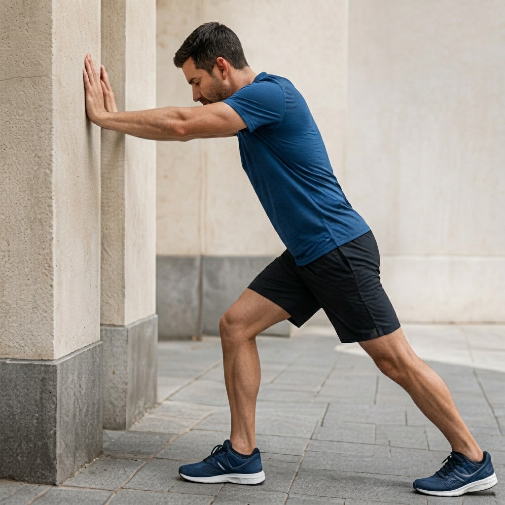 A man leaning against a wall with the back leg straight to stretch the gastrocnemius muscle.
