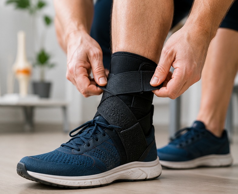 A person fitting a black lace-up ankle brace over a training shoe.