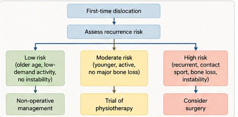 Flow chart showing the treatment decision pathway after a first-time dislocation, dividing patients into low, moderate and high recurrence risk.