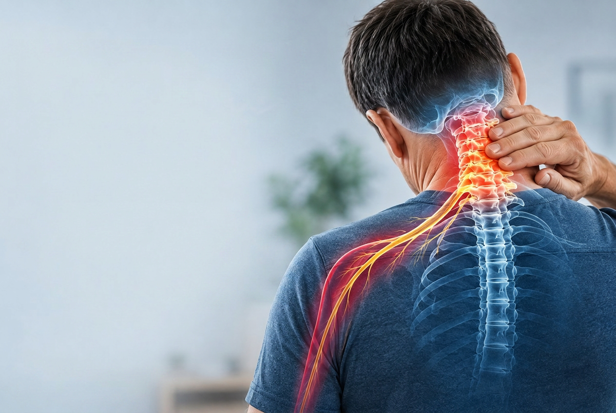 Adult holding the side of the neck with the cervical spine and an irritated nerve root highlighted in red.