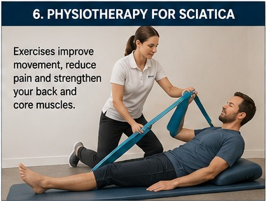 Physiotherapist guiding a patient through exercises for sciatica using a resistance band.