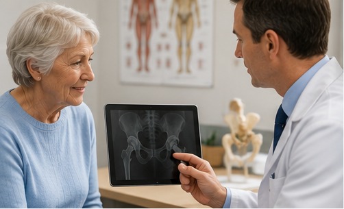 An older woman reviewing a hip X-ray on a tablet with an orthopaedic clinician in a consulting room.