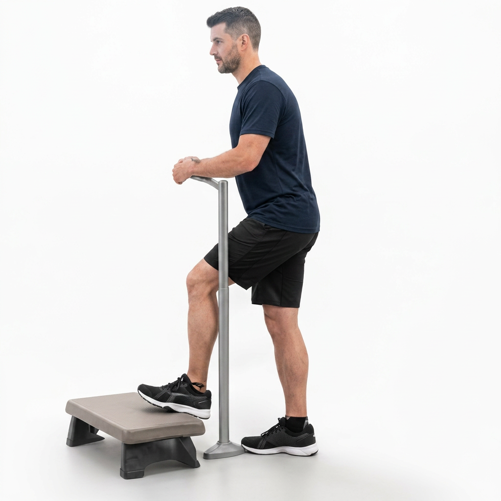 A man performing eccentric heel drops off the edge of a step.