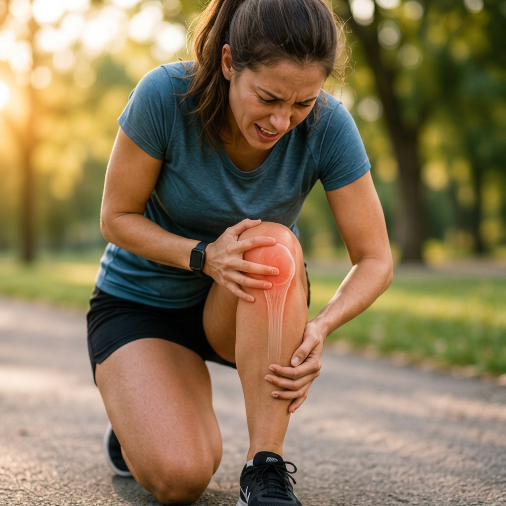 A woman kneeling on a path holding the front of her knee, with the painful area highlighted in red.