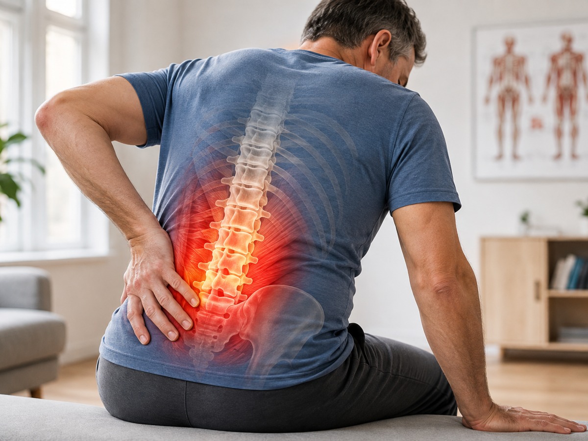 Man sitting holding his lower back with the lumbar spine highlighted in red.