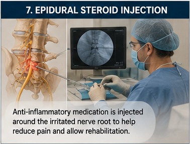 Epidural steroid injection being performed around an irritated lumbar nerve root under imaging guidance.