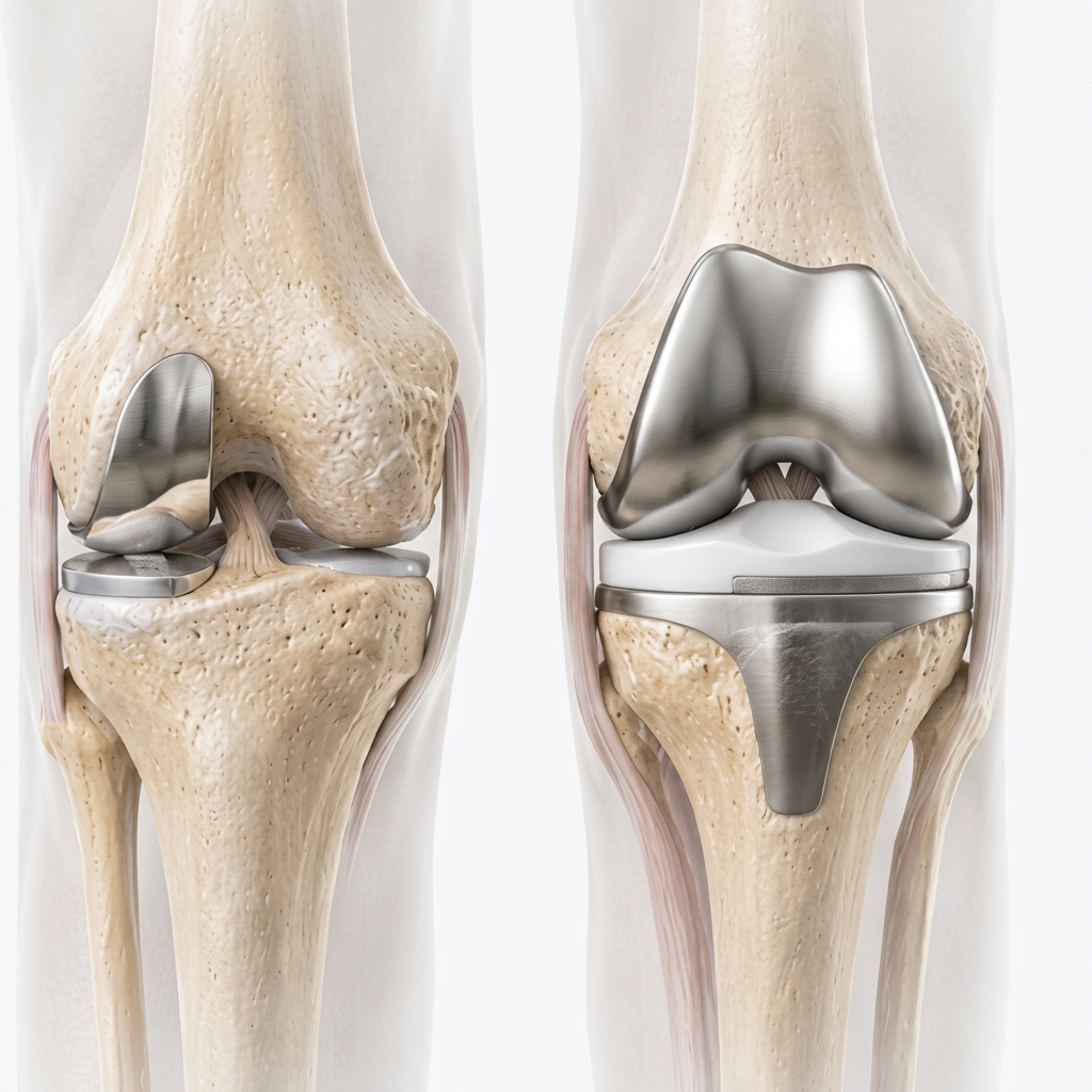 Illustration comparing a partial knee replacement implant with a total knee replacement implant.