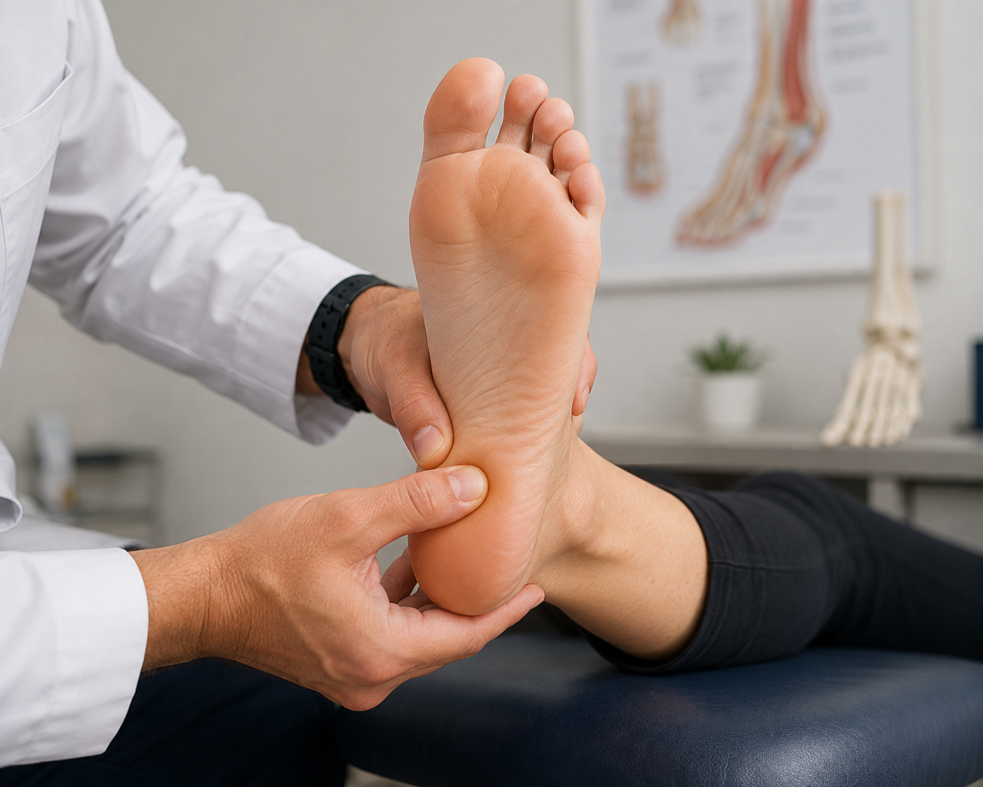 A clinician examining the sole of a patient's foot, pressing on the heel to identify the area of tenderness.