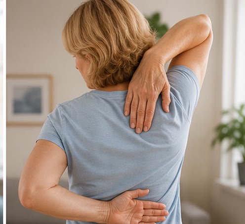A woman reaching behind her back with restricted shoulder movement, illustrating the stiff phase of frozen shoulder.