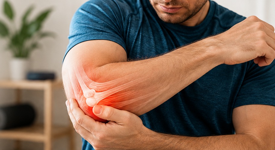 A person holding the outside of their elbow with the common extensor tendon highlighted in red, illustrating tennis elbow.