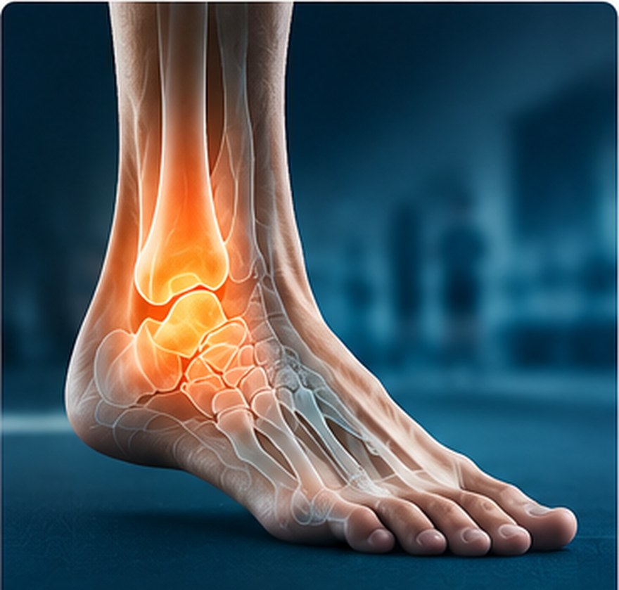 Anatomical illustration of the foot and ankle with the joint highlighted
