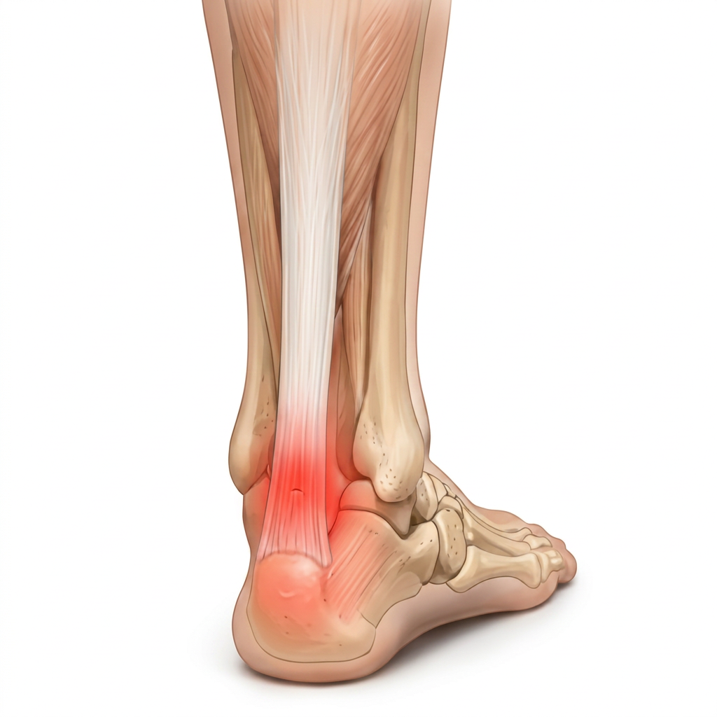 Illustration of the back of the heel with pain highlighted where the Achilles tendon attaches to the heel bone.